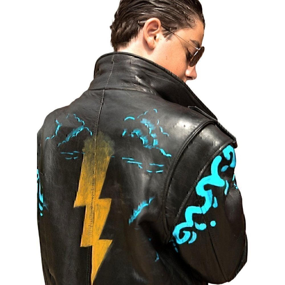Vintage black leather bomber jacket hand painted turquoise lightening mens sz M